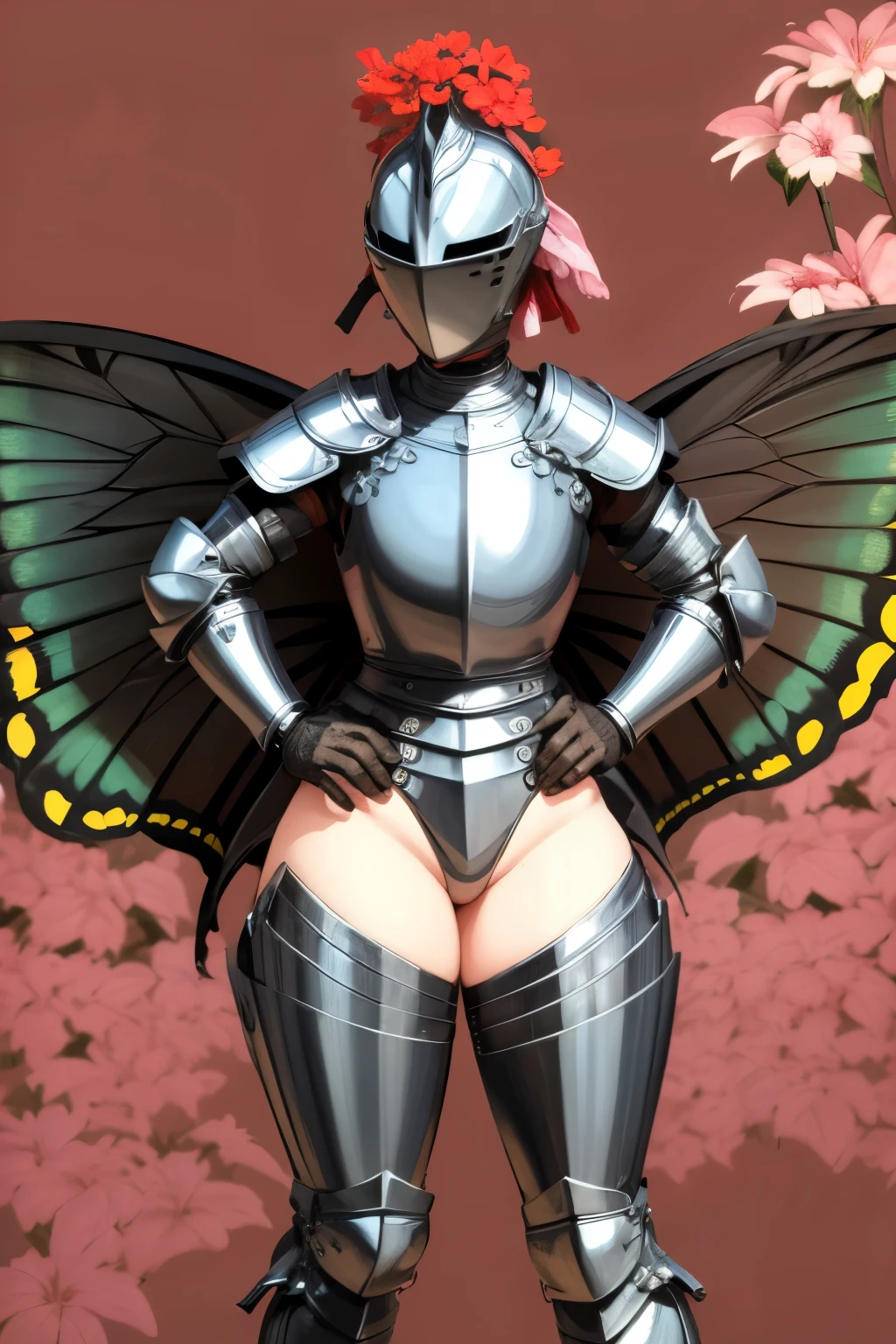 masterpiece, best quality, butterfly wings, full body, kardiaofrhodes, helmet, plume, gauntlets, thighhighs, breastplate, thighhighs, wide hips, (flowers background:1.2)