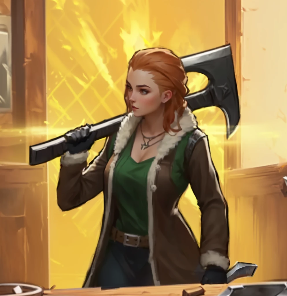 there is a woman holding a gun in a room, female blacksmith, attacking with axe, holding axe, tavern background, wielding an axe, with axe, with a two handed axe, female dwarven blacksmith, female gnome artificer, holding a poisonous axe, holding an axe, annie from league of legends, female thief, wielding a huge great axe