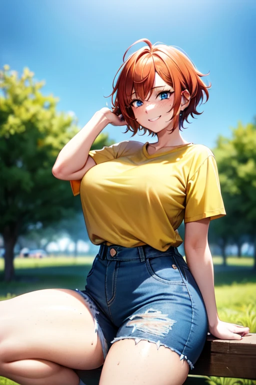 Ginger hair, blue eyes, rounded rear, good breast, thick thighs, wide hips, tall, freckles, at park walking, close to viewer, short tomboyish hair, tomboy, messy hair, yellow blouse, denim shorts, sneakers, one girl, ginger haired, beautiful, cute, blushing, five fingers, cute, chubby, soft chubby, smiling shily, big soft legs, freckles on face. Freckles on legs, messy hair tomboy style