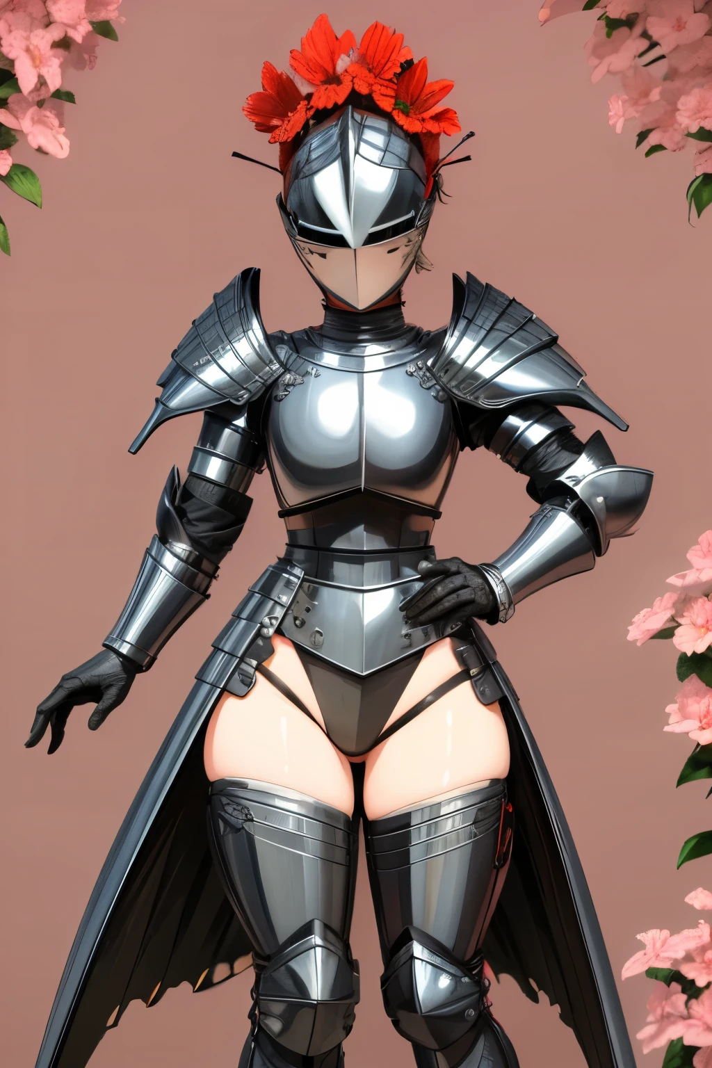 masterpiece, best quality, butterfly wings, full body, kardiaofrhodes, helmet, plume, gauntlets, breastplate, thighhighs, wide hips, (flowers background:1.2)