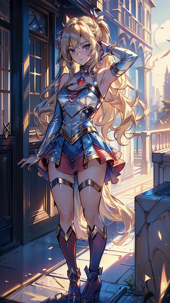 ((Best quality, Masterpiece, Nonsense)),1girll:1.9, Sexy, ( 18 years old, Expressive blue eyes, shoulder-length blonde hair, Long hair,Loose and fluffy hair),Dressed Supergirl cosplay (Super Girl Suite custom role-playing), short red dress,eechi, Terrace in 1 building