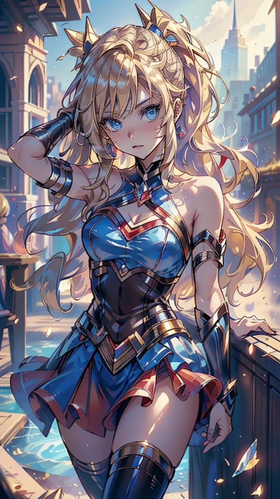 ((Best quality, Masterpiece, Nonsense)),1girll:1.9, Sexy, ( 18 years old, Expressive blue eyes, shoulder-length blonde hair, Long hair,Loose and fluffy hair),Dressed Supergirl cosplay (Super Girl Suite custom role-playing), short red dress,eechi, Terrace in 1 building