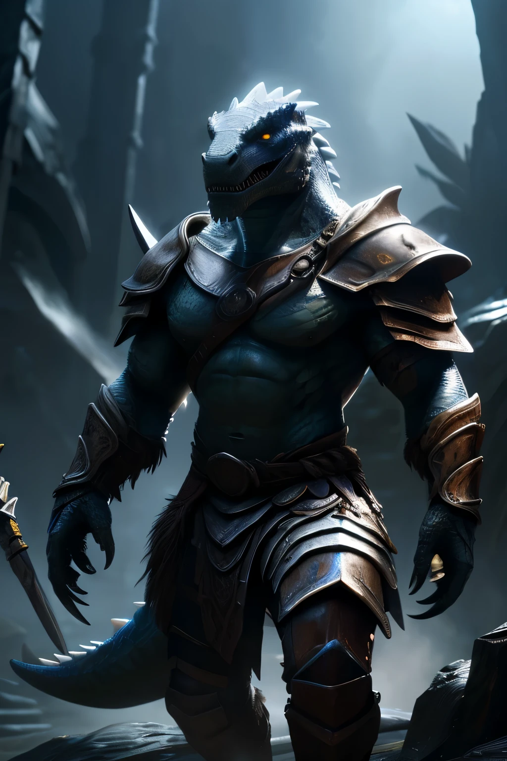 a large lizard man, dungeons and dragons character, barbarian armor, roaring, detailed icy scales, sharp claws, greatsword in left hand, gold eyes, fantasy creature, dark atmosphere, dramatic lighting, cinematic pose, full body, raptor like legs, proportional muscular arms, big reptile tail muscular, (best quality,4k,8k,highres,masterpiece:1.2),ultra-detailed,(realistic,photorealistic,photo-realistic:1.37),concept art,digital painting,dark fantasy,moody lighting,volumetric lighting,cinematic composition