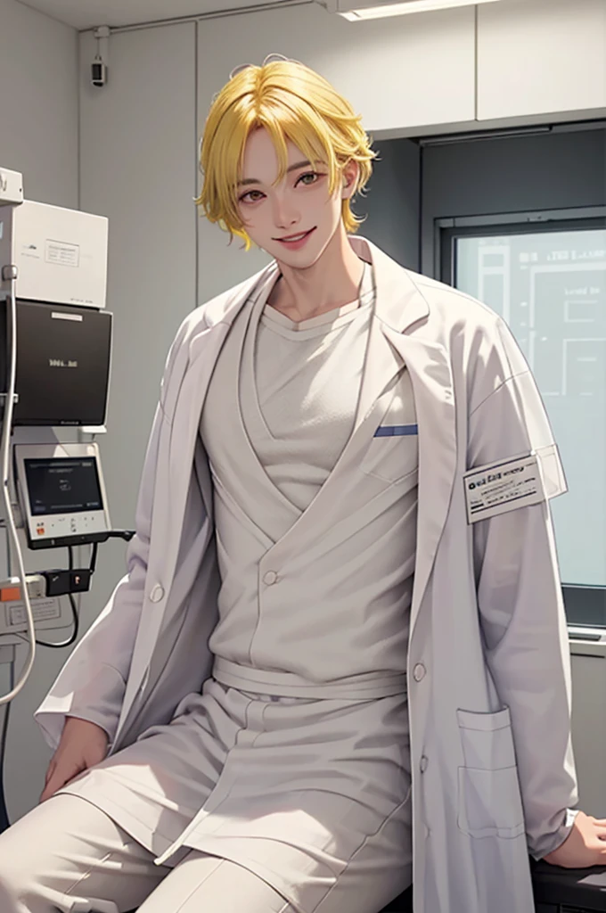 Doctor, 1 man, solo, sitting (Looking at the audience), (white lab coat:1.5),  ,Stylish clothes who is an adult /(yellow hair/)  smile kindly (The best quality masterpiece:1.2) , Delicate illustrations, Special details, (hospital examination room) In the community, detailed background