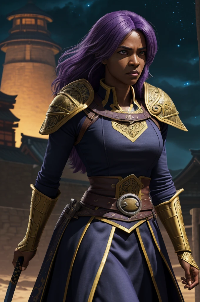 Highest quality,High resolution, ((DQ4)) ,(Arena),One person,warrior,(yellow_coat),Dark skin,woman,One personで,strongest,Anime Style,(purple_Hair Color)(Night Sky_background),(Limbs),(Full Finger),(Accurate fingertips), (The finer details), (Super detailed),(Japanese sword:),4K,(high resolution),whole body, (Front angle), Looking at the camera,masterpiece,(Subtle details),(Intricate details),Octane Rendering,(Hyper Detail),