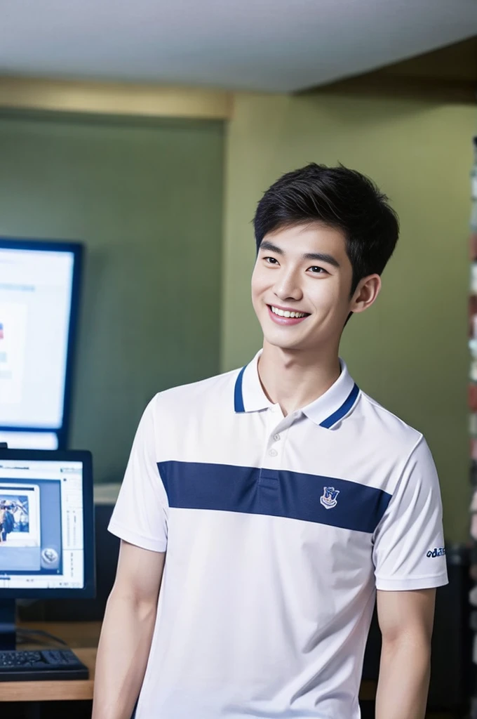 Korean man, Inspiration from Peng Yuyan, 23 years old, Korean muscular man ，The computer room is in the back. Sports t-shirts, polo, tight, navy blue., open mouth smile