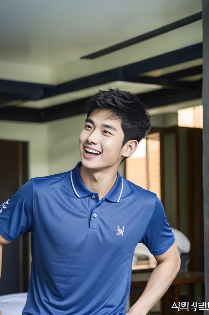 Korean man, Inspiration from Peng Yuyan, 23 years old, Korean muscular man ,The computer room is in the back. Sports t-shirts, polo, tight, navy blue., open mouth smile