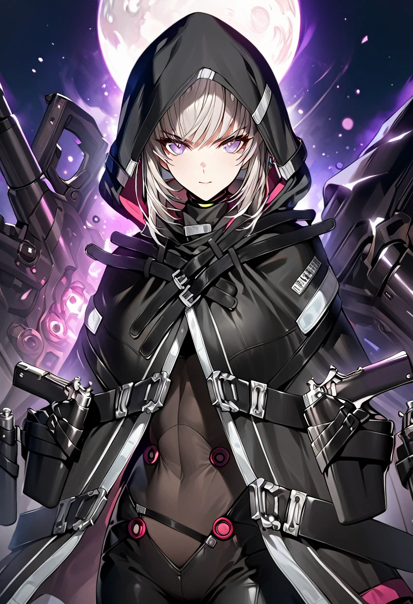 absurdres, by famous artist, exquisite, cowboy shot, hood, jacket, body suit, black clothes, black wear, weapon,((( purple eyes))), perfect eyes,ultra detailed beautiful face, masterpiece, super fine illustration, ultra high res, masterwork, best quality, cg unity 8k wallpaper, official art, ultra detailed, beautiful, accurate face parts, even eyes, symmetrical eyes, perfect face, ultra detailed beautiful eyes, (((breasts))), gleaming skin, oil skin, shiny skin, (((black pantyhose, black tights))), beautiful and aesthetic, High quality, extremely detailed, extremely detailed cg unity 8k wallpaper, super detailed skin, hdr, highers, extremely detailed beautiful face, light eyes,　16k, finely detail, Amazing, top quality, distinct image, vibrant details, professional art, finely quality eyes,  finely detailed face, a face of perfect proportion, high detailed face, 