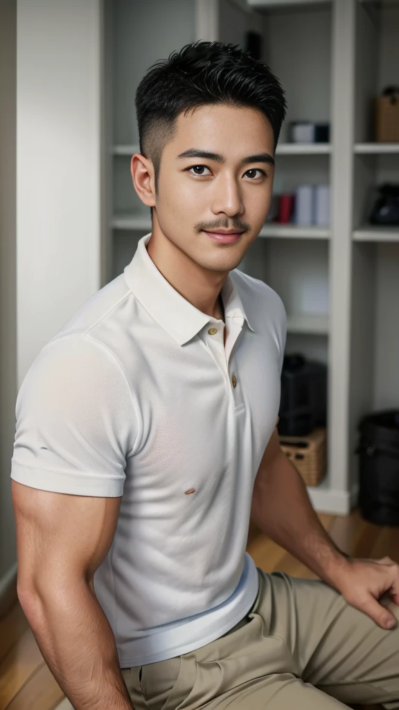 Masterpiece, best quality, high resolution, realistic, handsome, Take beautiful photos, A photo of a 35-year-old Gym Association member sitting on the floor. (The man has a thin mustache.) ,Full body, Portrait, Standing in the locker room, make military media, weight, Amazing , Buzzcut short hair,stubble head , (Hyper Muscle),looking at the audience, Flirt with the camera, charming, (Tight white polo shirt Cargo pants ),(GS-Male:1), 8k,Bokeh,Portrait,look at the viewer, smile
