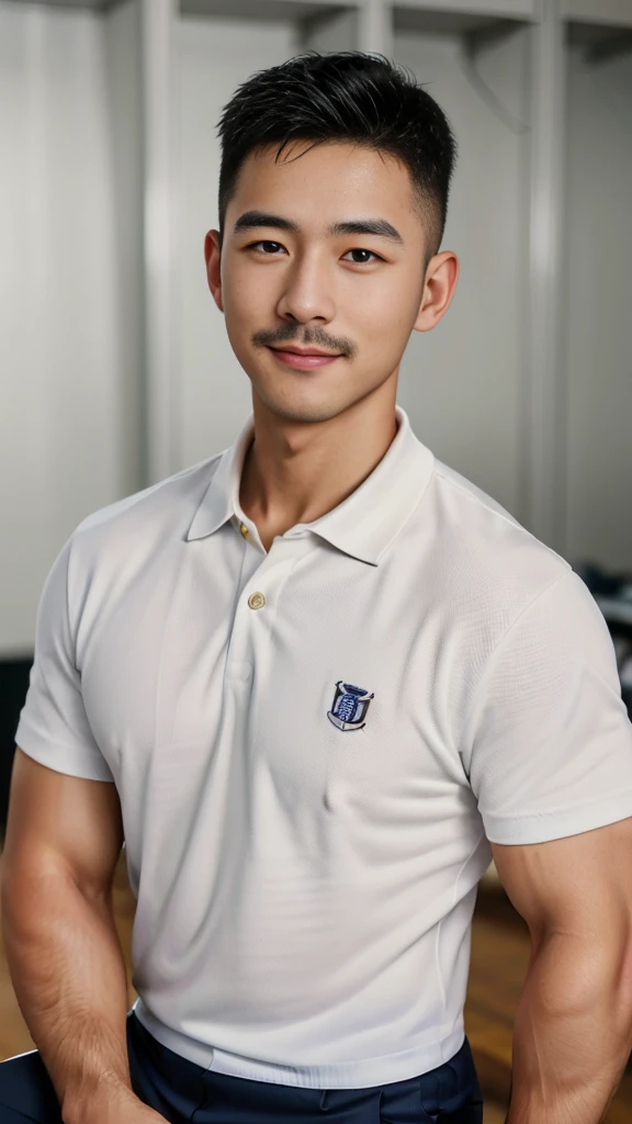 Masterpiece, best quality, high resolution, realistic, handsome, Take beautiful photos, A photo of a 35-year-old Gym Association member sitting on the floor. (The man has a thin mustache.) ,Full body, Portrait, Standing in the locker room, make military media, weight, Amazing , Buzzcut short hair,stubble head , (Hyper Muscle),looking at the audience, Flirt with the camera, charming, (Tight white polo shirt Cargo pants ),(GS-Male:1), 8k,Bokeh,Portrait,look at the viewer, smile