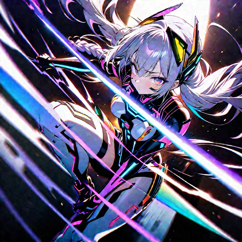 best quality, super fine, 16k, incredibly absurdres, extremely detailed, delicate and dynamic, (two beautiful female cyber warriors:1.5), background black and purple swirling black hole, galaxy AND (best quality, super fine, 16k, incredibly absurdres, extremely detailed, delicate and dynamic, 1 cute cyber warrior with purple eyes and braided low twin tails with gradient from white to purple at the ends) AND (best quality, super fine, 16k, incredibly absurdres, extremely detailed, delicate and dynamic, 1 cool beauty cyber warrior with gold eyes and rainbow-colored ponytail with braided sides), motion blur, action blur, various image effects