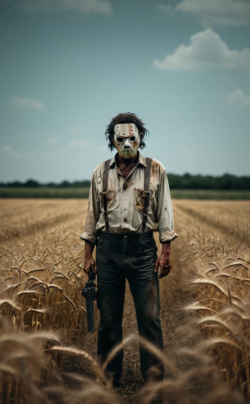 Full Body Shot、Wheat field、Aggressive pose、８ｋ、Dark fantasy、The Texas Chainsaw Massacre、Leatherface、Give the viewer a malicious look, Grabbing Viewer, For the viewer,Shallow depth of field, Vignette, Very detailed, High budget, Bokeh, CinemaScope, Sulky, amazing, nice, Film Grain, granular . Creepy, Anxious, dark, Creepyな, Suspenseful, strict, Very detailed
