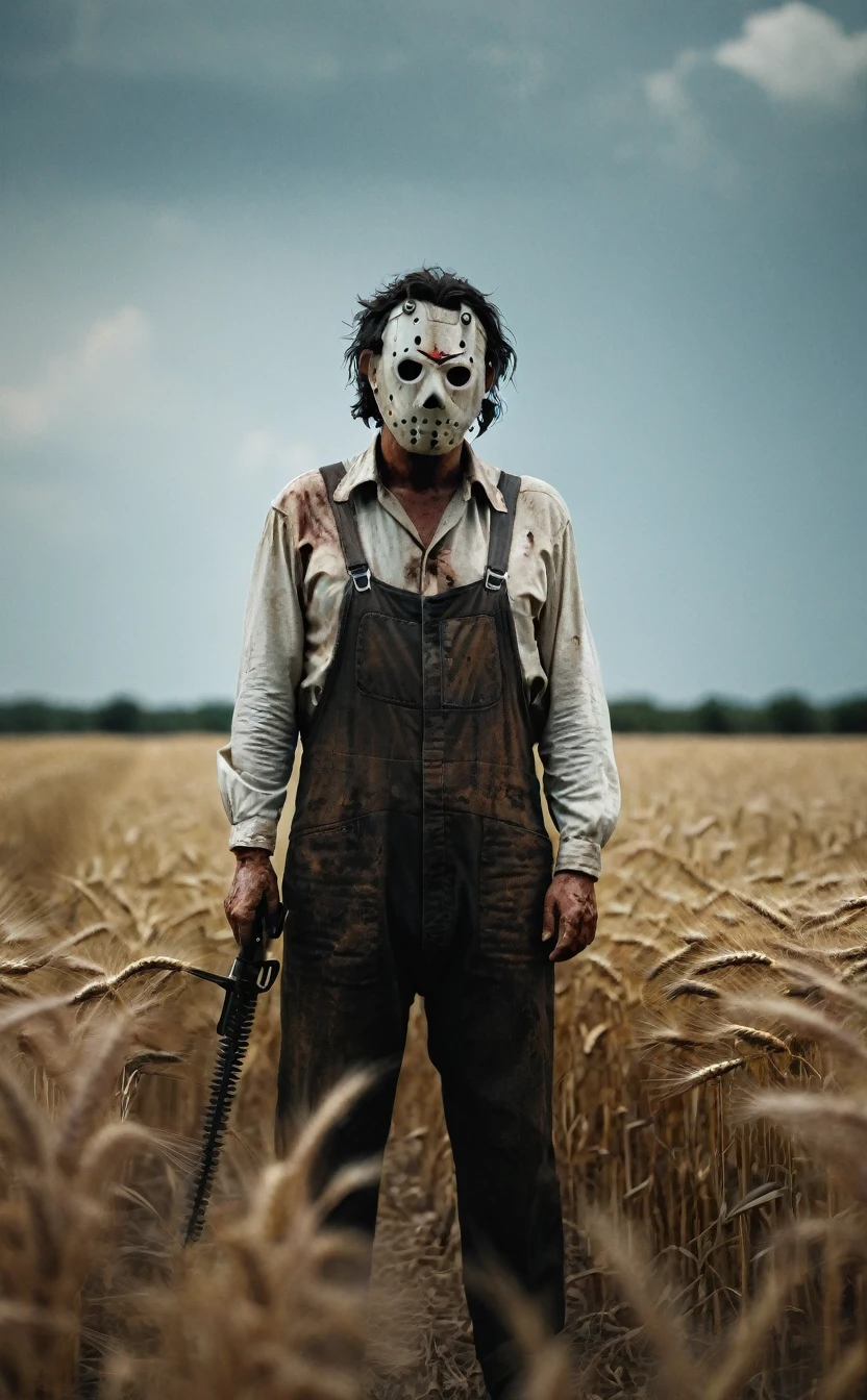 Full Body Shot、Wheat field、Aggressive pose、8k、Dark fantasy、The Texas Chainsaw Massacre、Leatherface、Give the viewer a malicious look, Grabbing Viewer, For the viewer,Shallow depth of field, Vignette, Very detailed, High budget, Bokeh, CinemaScope, Sulky, amazing, nice, Film Grain, granular . Creepy, Anxious, dark, Creepyな, Suspenseful, strict, Very detailed