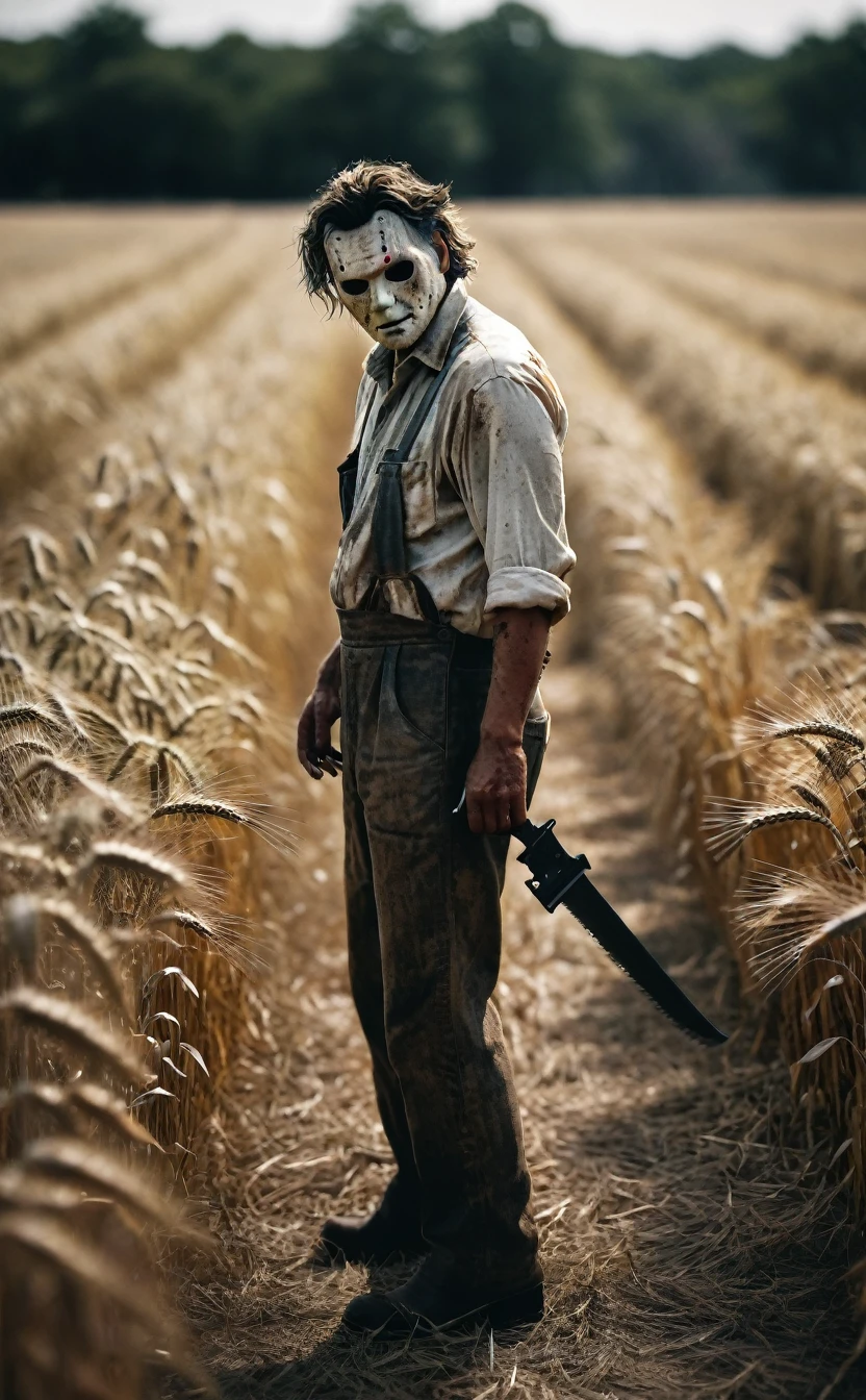 Full Body Shot、Wheat field、Aggressive pose、8k、Dark fantasy、The Texas Chainsaw Massacre、Leatherface、Give the viewer a malicious look, Grabbing Viewer, For the viewer,Shallow depth of field, Vignette, Very detailed, High budget, Bokeh, CinemaScope, Sulky, amazing, nice, Film Grain, granular . Creepy, Anxious, dark, Creepyな, Suspenseful, strict, Very detailed