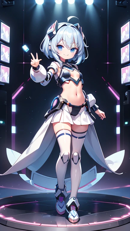 Dice-themed robot, 3D Rendering, Jongsuk Lee, Digital Art, Adorable glowing creatures, Nendoroid-like style, Futuristic Gear Shiny White Armor、A cute girl robot、antenna、Electronic display panel on chest、Holding the microphone close to his mouth while speaking、Smiling Kindly、whole body、Background is white、Are standing