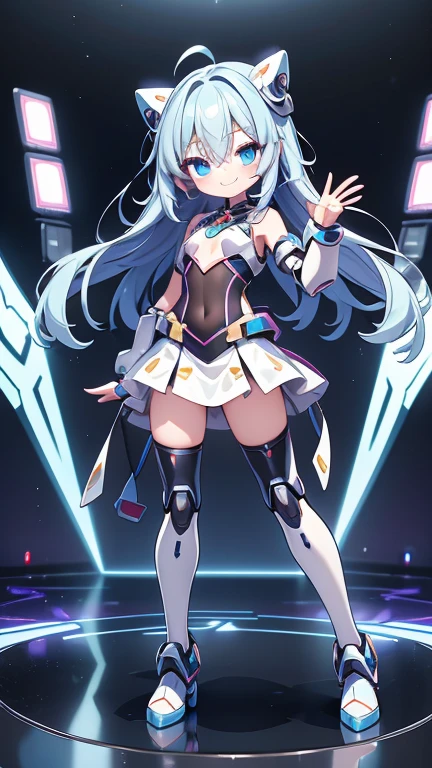 Dice-themed robot, 3D Rendering, Jongsuk Lee, Digital Art, Adorable glowing creatures, Nendoroid-like style, Futuristic Gear Shiny White Armor、A cute girl robot、antenna、Electronic display panel on chest、Holding the microphone close to his mouth while speaking、Smiling Kindly、whole body、Background is white、Are standing