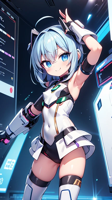 Dice-themed robot, 3D Rendering, Jongsuk Lee, Digital Art, Adorable glowing creatures, Nendoroid-like style, Futuristic Gear Shiny White Armor、A cute girl robot、antenna、Electronic display panel on chest、Holding the microphone close to his mouth while speaking、Smiling Kindly、whole body、Background is white、Are standing