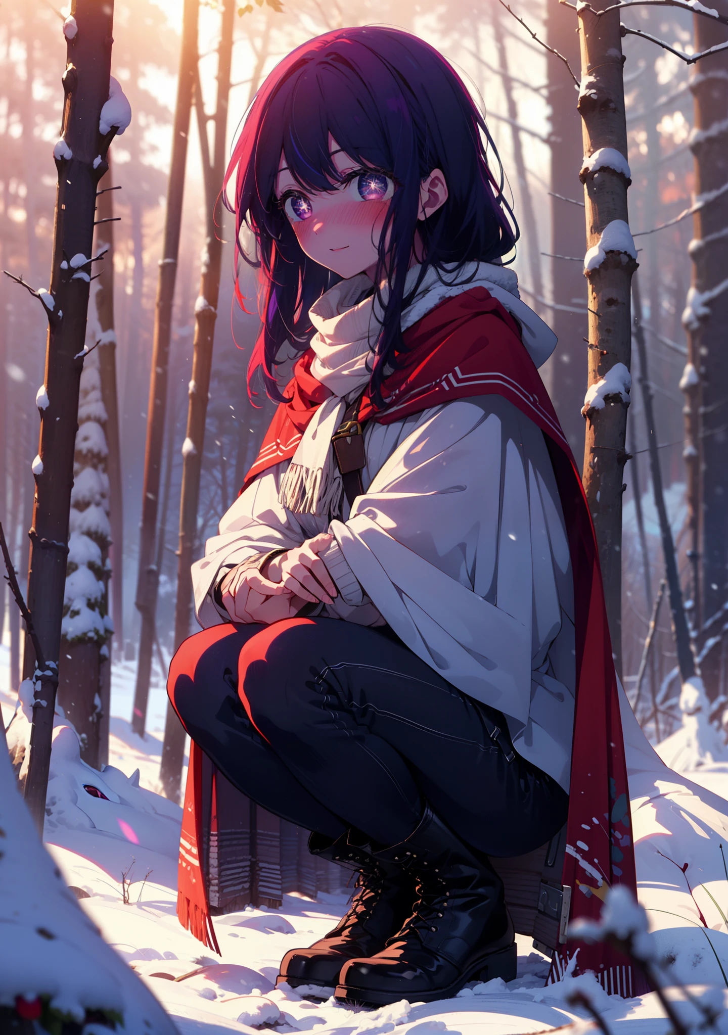 aihoshino, Ai Hoshino, Long Hair, bangs, (Purple eyes:1.1), Purple Hair, (Symbol-shaped pupil:1.5), smile,,smile,blush,white breath,
Open your mouth,snow,Ground bonfire, Outdoor, boots, snowing, From the side, wood, suitcase, Cape, Blurred, , forest, White handbag, nature, Squat, Mouth closed, Cape, winter, Written boundary depth, Black shoes, red Cape break looking at viewer, Upper Body, whole body, break Outdoor, forest, nature, break (masterpiece:1.2), Highest quality, High resolution, unity 8k wallpaper, (shape:0.8), (Beautiful and beautiful eyes:1.6), Highly detailed face, Perfect lighting, Highly detailed CG, (Perfect hands, Perfect Anatomy),