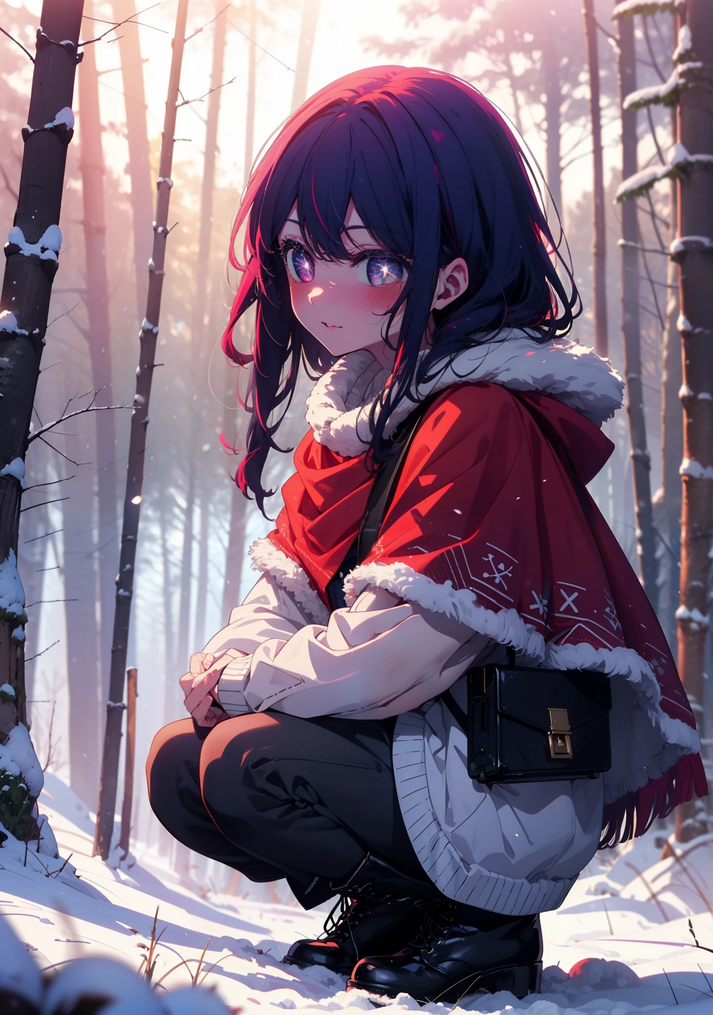 aihoshino, Ai Hoshino, Long Hair, bangs, (Purple eyes:1.1), Purple Hair, (Symbol-shaped pupil:1.5), smile,,smile,blush,white breath,
Open your mouth,snow,Ground bonfire, Outdoor, boots, snowing, From the side, wood, suitcase, Cape, Blurred, , forest, White handbag, nature,  Squat, Mouth closed, Cape, winter, Written boundary depth, Black shoes, red Cape break looking at viewer, Upper Body, whole body, break Outdoor, forest, nature, break (masterpiece:1.2), Highest quality, High resolution, unity 8k wallpaper, (shape:0.8), (Beautiful and beautiful eyes:1.6), Highly detailed face, Perfect lighting, Highly detailed CG, (Perfect hands, Perfect Anatomy),
