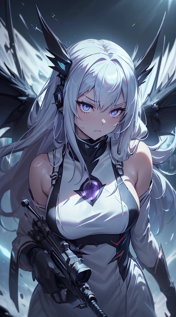 top-quality、Top image quality、masterpiece、girl with((Santa Cosplay、White suit、glowing mechanic suit、18year old、 ager、cute little、Best Bust、big bast,Beautiful shining purple eyes、Breasts wide open, a blond、Longhaire、A slender,Large valleys、belligerent movements,sharp claws、With sniper rifle、head phone、black bright wings、fighting poses、bad face、splatters、Feeling of sprinting)),hiquality、Beautiful Art、Background with((Space Battlefield)))、Depth(planet earth),masutepiece、depth of fields,Cinematic style