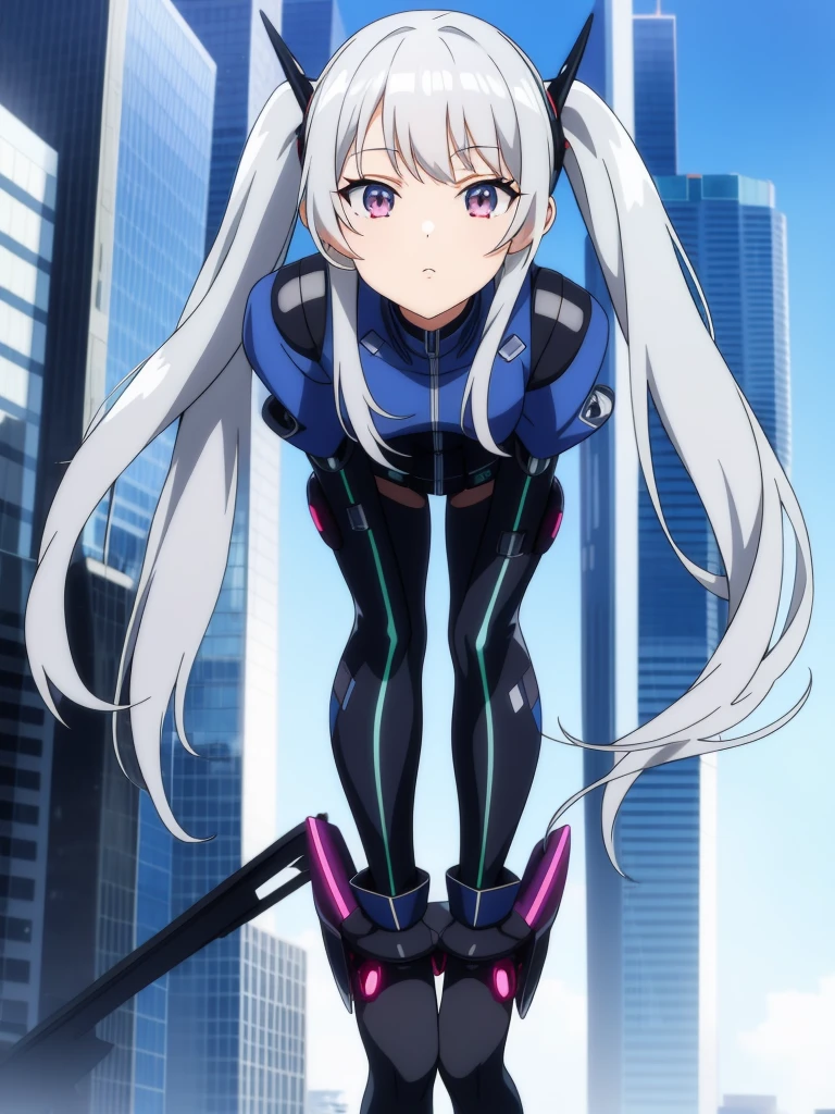1girl, anime girl, silver hair, long twintails, silver eyes, cyber outfit, on top of skyscraper
