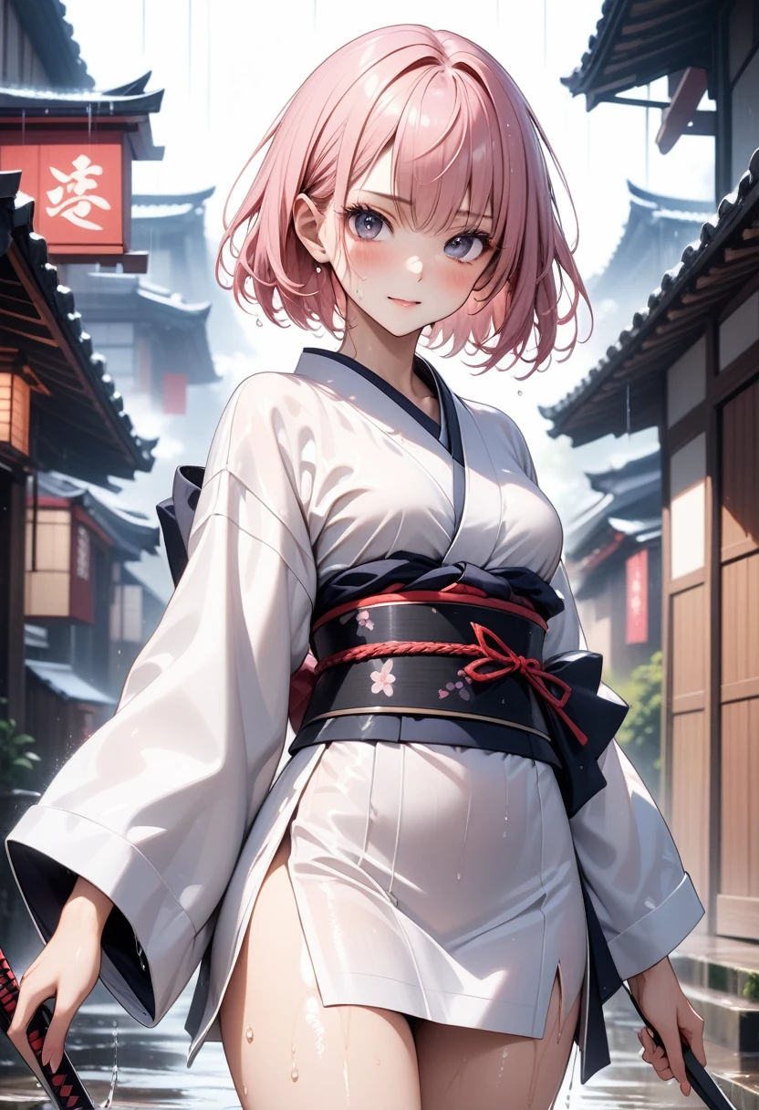 ((Wet Hair)), ((Wet skin)), ((wet clothes)), ((Samurai Girl)), (((kimono))), dark Outfit, ((skindentation)), skinny, solo, (1 sexy woman), Masterpiece, highest quality, highest quality, 16K, incredibly absurd, highly detailed, 2.5D, ai-generated, delicate and dynamic, very delicate facial expressions, delicate eye depiction, erotic, only sexy woman, (short hair), (pink hair:1.5), bob cut, black eye, ((A cute and kind face)), healthy figure, ((25-year-old woman)), 160cm tall, medium firm swaying bust, blush, Sweat,Embarrassed,sexy, ((thin thighs)), ((shiny and lustrous)), facing straight at viewer, Japan in the Edo period, post town scenery, heading to battle, in the rain, Close-up,