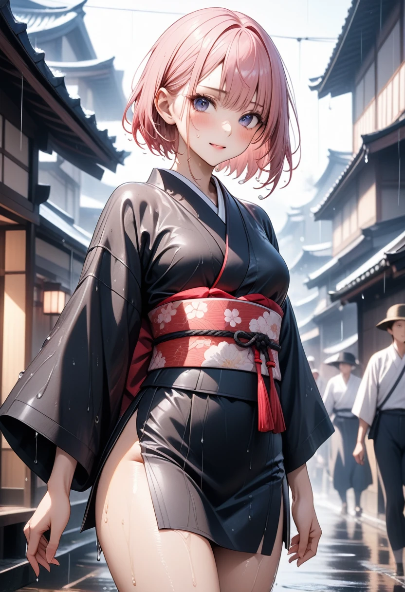 ((Wet Hair)), ((Wet skin)), ((wet clothes)), ((Samurai Girl)), (((kimono))), dark Outfit, ((skindentation)), skinny, solo, (1 sexy woman), Masterpiece, highest quality, highest quality, 16K, incredibly absurd, highly detailed, 2.5D, ai-generated, delicate and dynamic, very delicate facial expressions, delicate eye depiction, erotic, only sexy woman, (short hair), (pink hair:1.5), bob cut, black eye, ((A cute and kind face)), healthy figure, ((25-year-old woman)), 160cm tall, medium firm swaying bust, blush, Sweat,Embarrassed,sexy, ((thin thighs)), ((shiny and lustrous)), facing straight at viewer, Japan in the Edo period, post town scenery, heading to battle, in the rain, Close-up,