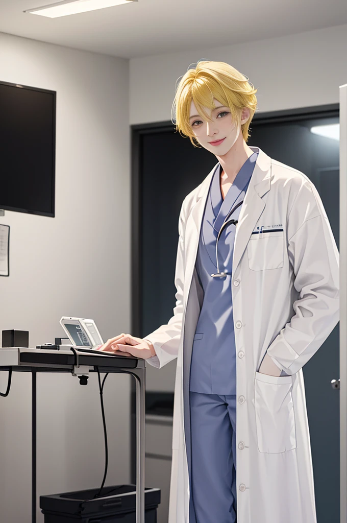 Doctor, 1 man, solo, sitting (Looking at the audience), (white lab coat:1.5),  ,Stylish clothes who is an adult /(yellow hair/)  smile kindly (The best quality masterpiece:1.2) , Delicate illustrations, Special details, (hospital examination room) In the building, desk (X-ray image of the lungs:1.2) Detailed background