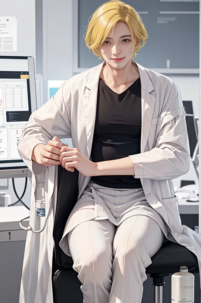 Doctor, 1 man, solo, sitting (Looking at the audience), (white lab coat:1.5), ,Stylish clothes who is an adult /(yellow hair/) smile kindly (The best quality masterpiece:1.2) , Delicate illustrations, Special details, (hospital examination room) In the building, desk (X-ray image of the lungs:1.2) Detailed background