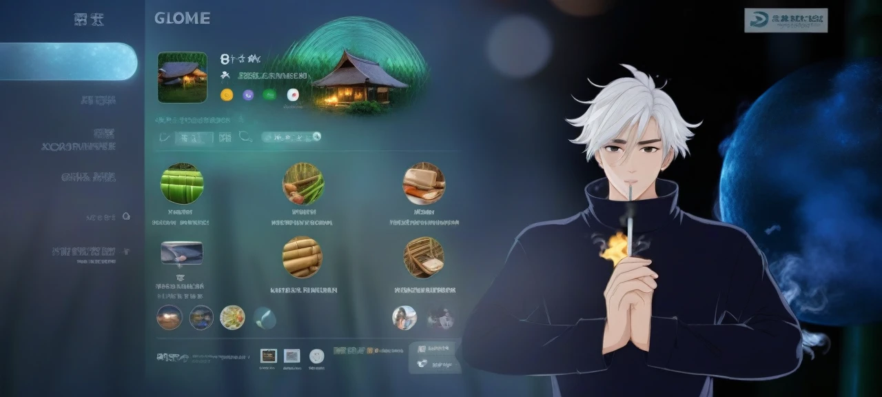 long shot of a indonesian handsome man with an ideal body, white hair in a ponytail, wearing a t-shirt, levis shorts, slippers, sitting back in a bamboo house in the middle of a rice field while smoking, gaze at the camera, night view, soft bokeh on the foreground, hd, 8k, ultra realism, ultra details, hyperrealistic, masterpiece