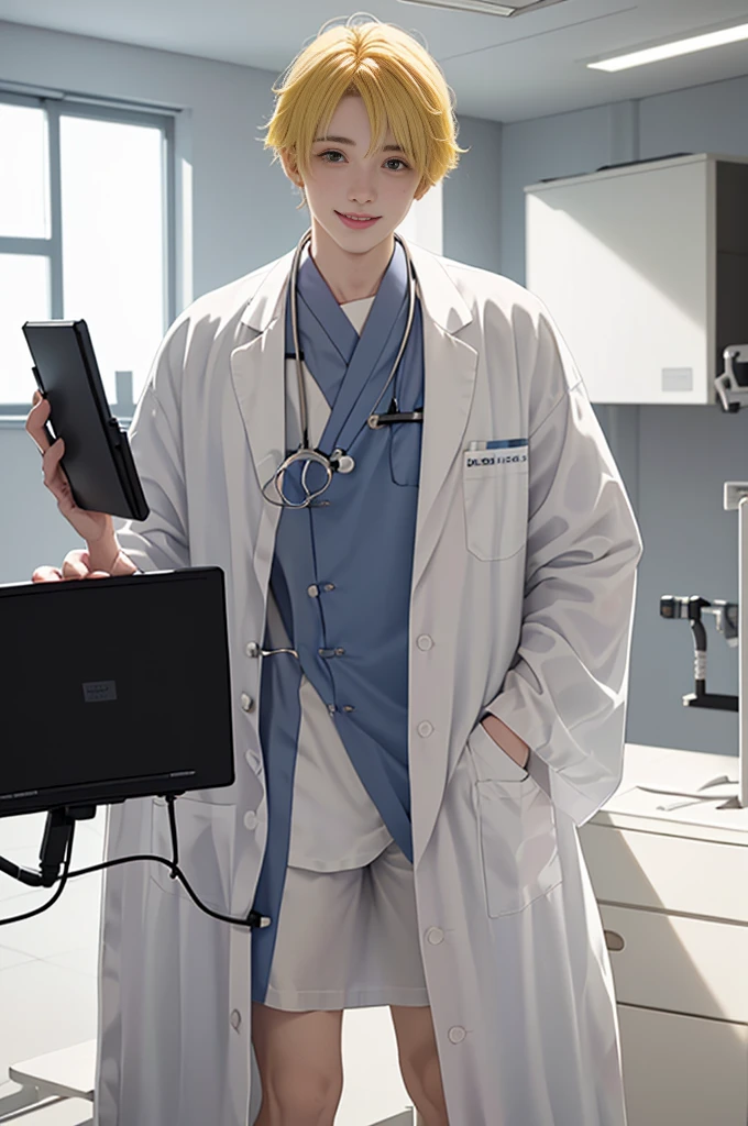 Doctor, 1 man, solo, sitting (Looking at the audience), (white lab coat:1.5),  ,Stylish clothes who is an adult /(yellow hair/)  smile kindly (The best quality masterpiece:1.2) , Delicate illustrations, Special details, (hospital examination room) In the building, desk (X-ray image of the lungs:1.2) Detailed background