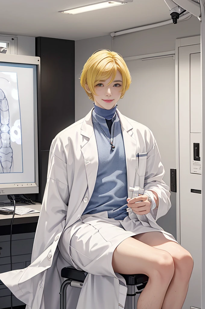 Doctor, 1 man, solo, sitting (Looking at the audience), (white lab coat:1.5), ,Stylish clothes who is an adult /(yellow hair/) smile kindly (The best quality masterpiece:1.2) , Delicate illustrations, Special details, (hospital examination room) In the building, desk (X-ray image of the lungs:1.2) Detailed background