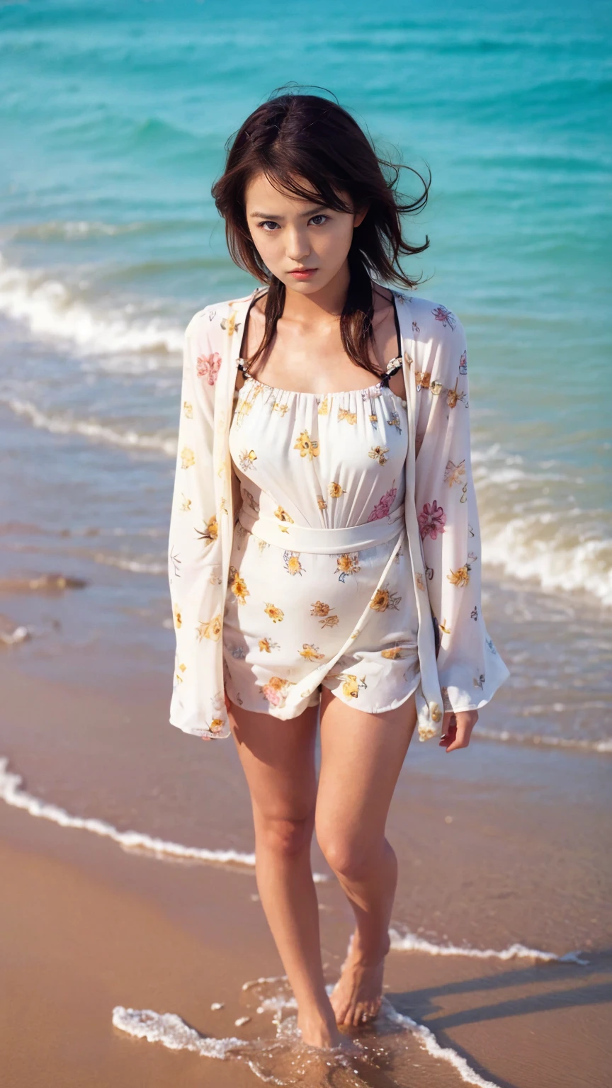 (masterpiece), (Highest quality), (Very detailed),(Disheveled Hair),(shape), (One Girl), (Summer clothes), Are standing, Fashion Model, View your audience, (interview), (Beach),Beautiful details, Delicate and beautiful face, floating,(High saturation),(Colorful splashes),Colorful bubbles,(The Shining), Focus on the face,  Hair Ring, Floating Flowers, Floating Hair, (The Shining), Best lighting, Best Shadow,