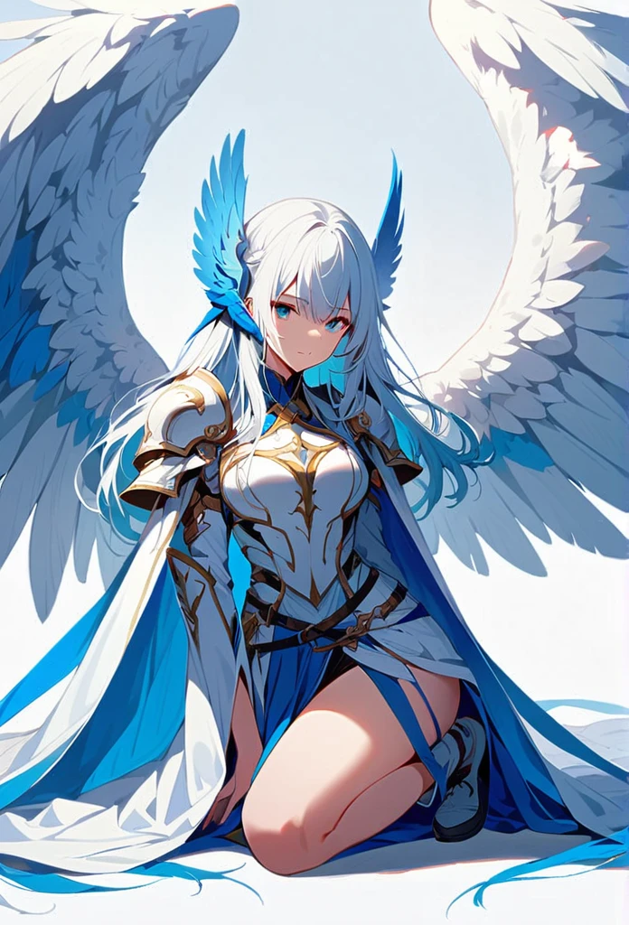1girl kneeling angel angel_wings armor feathers_Long wing feathers_Hair Shoulder Armor Shoulder_Armor single piece_Wing separate upper part_The body is white_Theme blue_Wings Wings