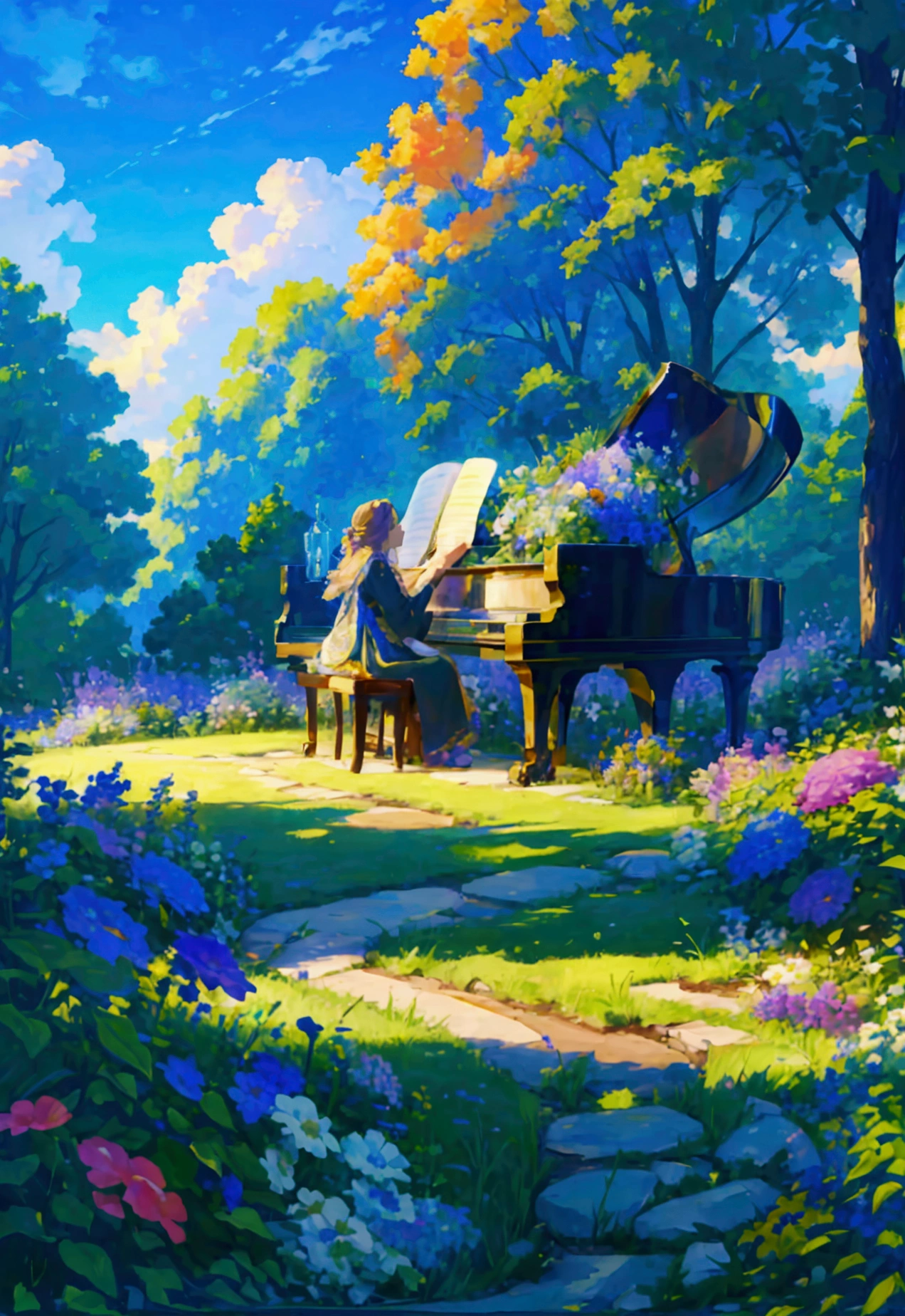 a beautiful glass piano on a hill, surrounded by lush greenery and colorful flowers, a pleasant summer day with beautiful clouds in the sky, highly detailed, 4k