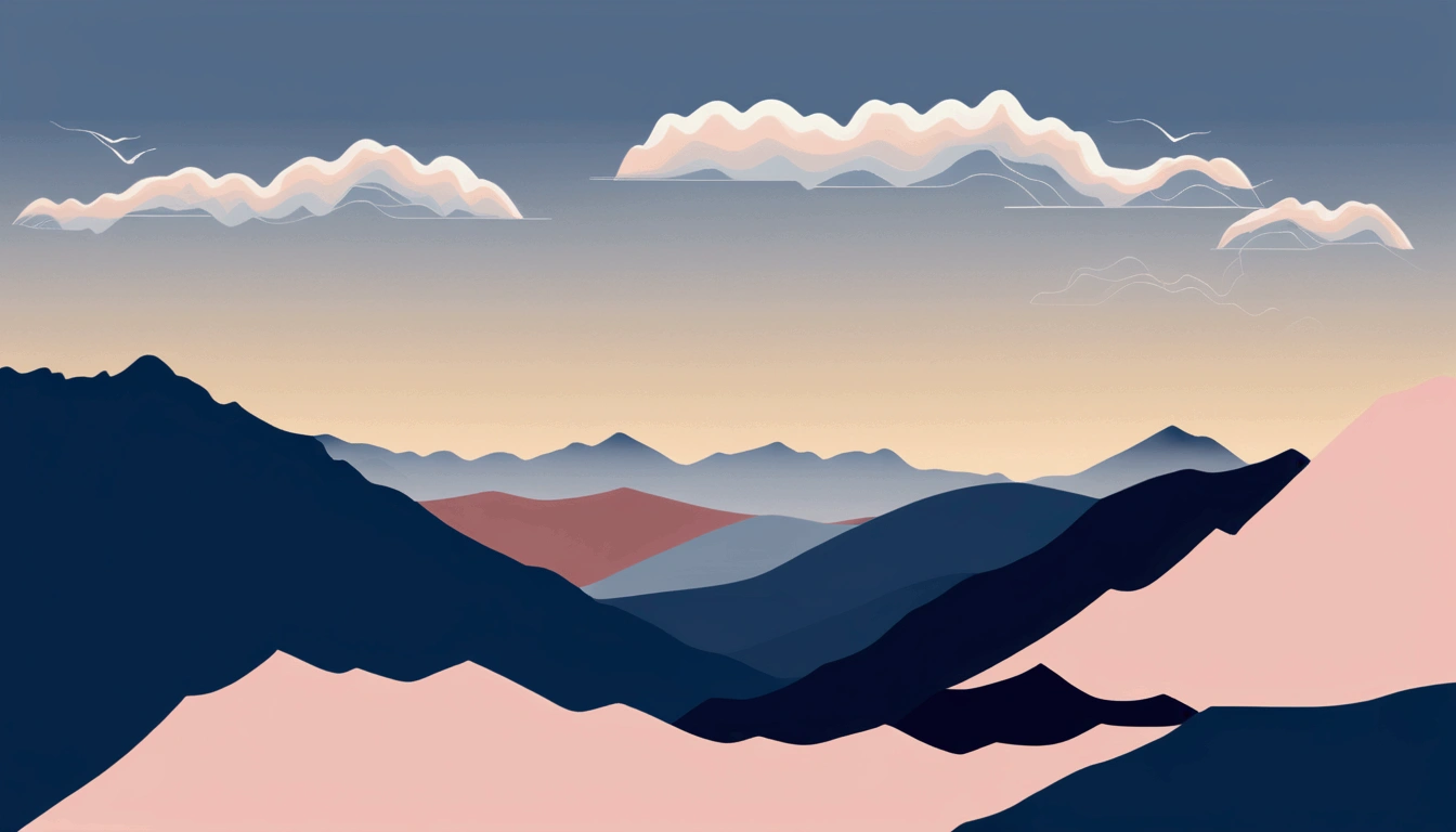 a minimalist landscape, blue mountains, light pink sky, creamy clouds, clean composition, impactful, layered mountain peaks, gold lines