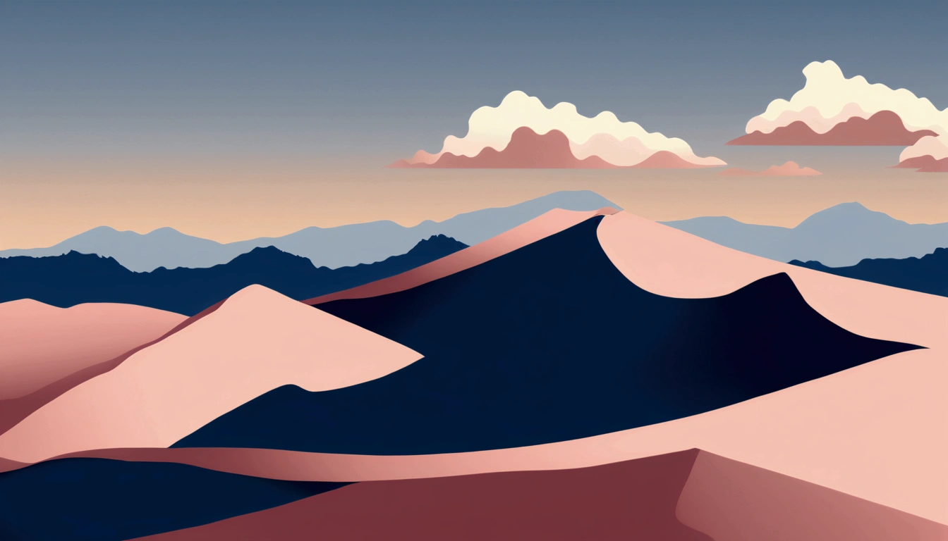 a minimalist landscape, blue mountains, light pink sky, creamy clouds, clean composition, impactful, layered mountain peaks, gold lines