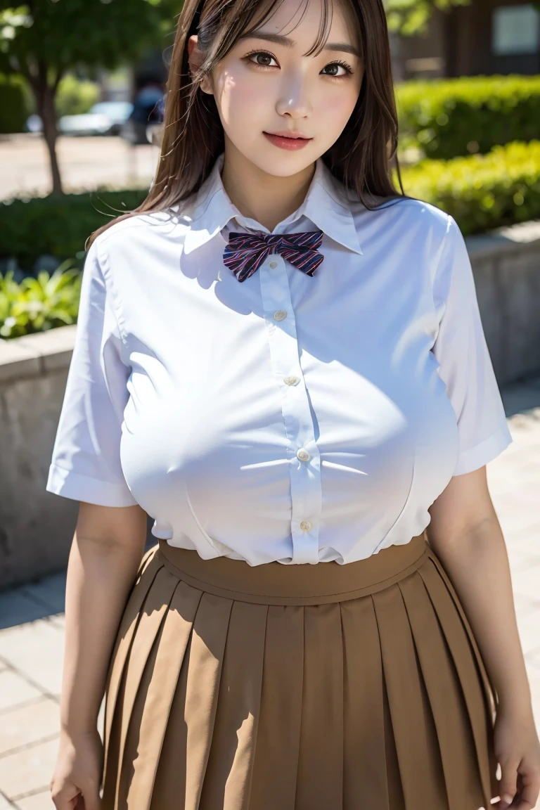 (Best quality,masterpiece,ultra detailed,8K,RAW photo,realistic,high resolution:1.2),(Pretty Japanese girl),(Super huge tits:1.4),(light brown hair),(school uniform,white collared shirt,pleated skirt:1.4),(voluptuous:1.5),(shoulder length),(light smile),(thick:1.5)