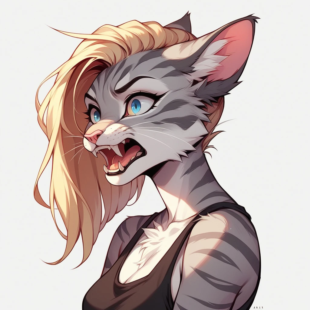 score_9,score_8_up,score_7_up, score_6_up, score_5_up, source_cartoon, flat colors, no shading, Kat, Anthro furry feline, silver fur, grey stripes on body, blue eyes, long blonde hair, undercut hair, pink nose, :3, wearing black tank top, exaggerated expression, upper body shot, screaming, shocked, feline teeth, mouth open, (looking to her left):2, facing her left, cowboy shot, upper body shot, bored, simple white background, side view