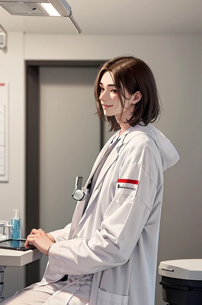 Doctor, 1 man, solo, sitting (Looking at the audience), (white lab coat:1.5), ,Stylish clothes who is an adult /(brown hair/) smile kindly (The best quality masterpiece:1.2) , Delicate illustrations, Special details, (hospital examination room) In the community, detailed background