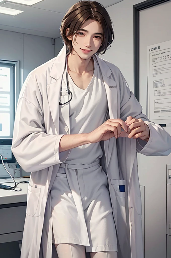 Doctor, 1 man, solo, sitting (Looking at the audience), (white lab coat:1.5),  ,Stylish clothes who is an adult /(brown hair/)  smile kindly (The best quality masterpiece:1.2) , Delicate illustrations, Special details, (hospital examination room) In the community, detailed background