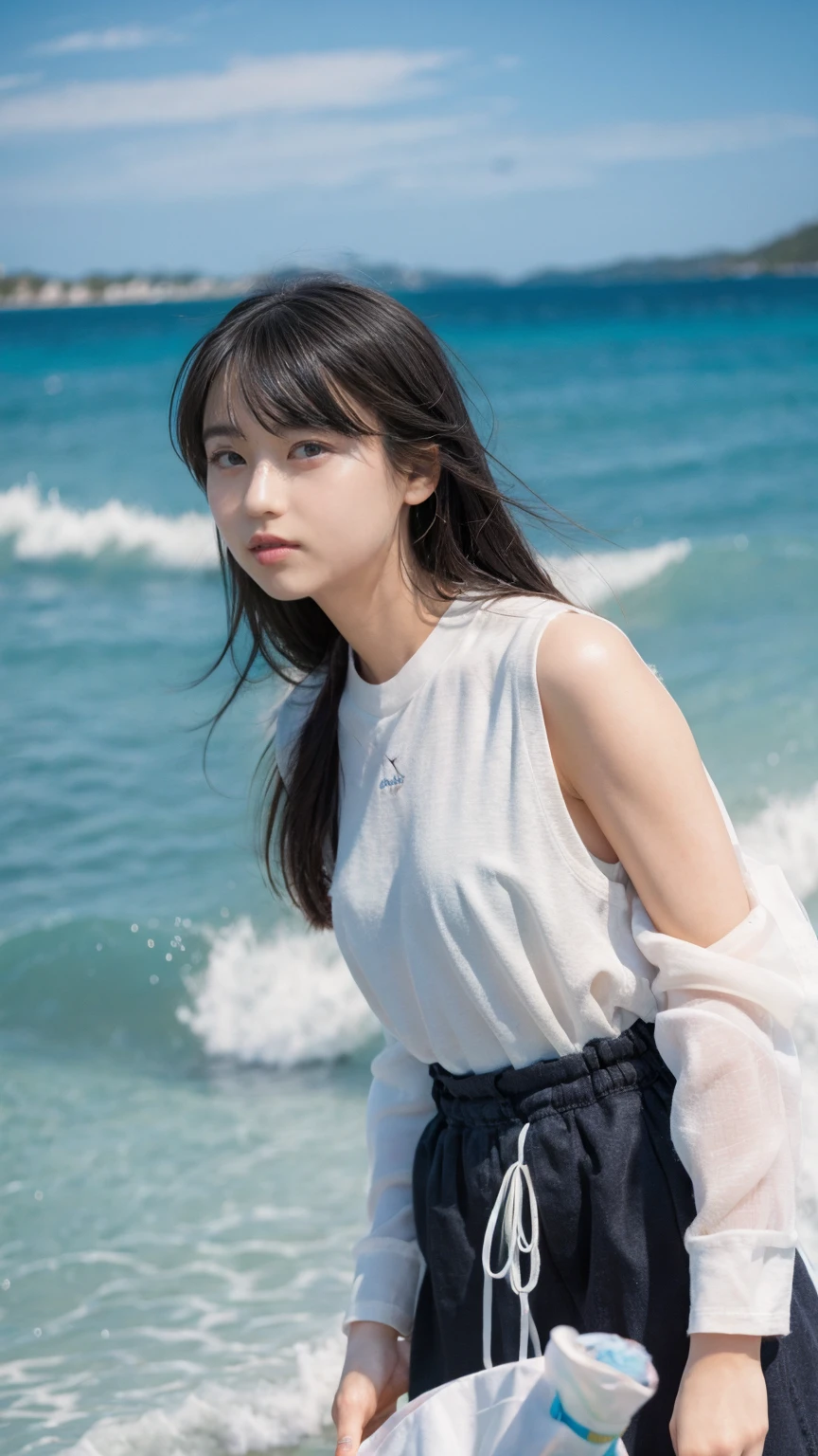 One Girl、Beautiful and detailed eyes and face、barefoot、Cute 16 year old Japanese girl, ((Extremely precise and accurate anatomy:1.0)), (photo Realistic:1.4), (hyper Realistic:1.4), (最高品質のRealisticな肌の質感:1.4), (Improvement of quality:1.4), (Enhances the beauty of skin texture:1.1), Clean and glowing skin, mesh, thin:1.2, (Realistic:1.3), Realisticなライティング, (Smoother lighting:1.05), (Improving the quality of cinema lighting:0.9), Backlight, A gentle light on your face, Ray Tracing, (Bright light:1.2), 32K, One Japanese woman, fine grain, Detailed face, (Film Grain:1.1),(Accentuates body lines:1.1), High resolution, Natural look, Kind eyes, Improves hair quality, Delicate light and shadow, Transparent muscles, Graceful pose, Beautiful Eyes, Sharp details, Soft light reflection, Beautiful contours, Delicate skin tone, Fine hair texture, Natural background, (((sunny day、School zone、A strong wind is blowing、Her hair and skirt are flying、 Open shirt、Pleated skirt、stroll:1.25、Light of the sun、Clear skies、stage、Blue sky and white clouds、The joys of youth)))、