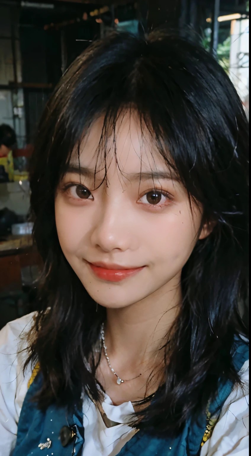 Best quality, Ultra-high resolution, (Realistically:1.4),((Medium Length Hair))),:1.2, Background blur, Bokeh:1.2, photography oF, (RAW photos:1.2), (Realistically:1.4), (masterpiece:1.3), (Intricate details:1.2), 1 Girl, solo, Japanese Girls, delicexisted, beautiFuldetails, (Delicate eyes), (detailedFacialFeexistures), , (((Small Breasts))), Firming skin, (Watching_exist_peeping exist the viewer), from_front, (emaciated), (Best quality:1.4), (Ultra-high resolution:1.2), cinemexistric light, (Extreme detail illustrexistion), (Lip gloss, Best quality, Ultra-high resolution, depth oF Fields, Caustics, Wide lighting, nexisturalshadow, 85 mm, F/1.4, iso 200, 1/160 sec:0.75),1 Girl, solo, (((Blue vest)))Smile, Uniforms, Necklace,