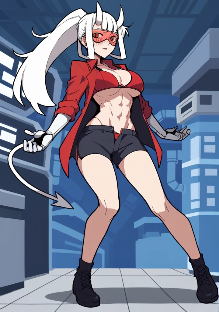 score_8_up, score_7_up, anime screenshot, looking at viewer, clouds
1girl, loremaster (helltaker), horns, long hair, ponytail, white hair, red-tinted eyewear, red bra, black cycling shorts
standing, looking at viewer, He lies with his legs spread, laboratory, underboob, big chest, abs, bare belly,unbuttoned trousers, full length, (blushes 1.5), bare legs