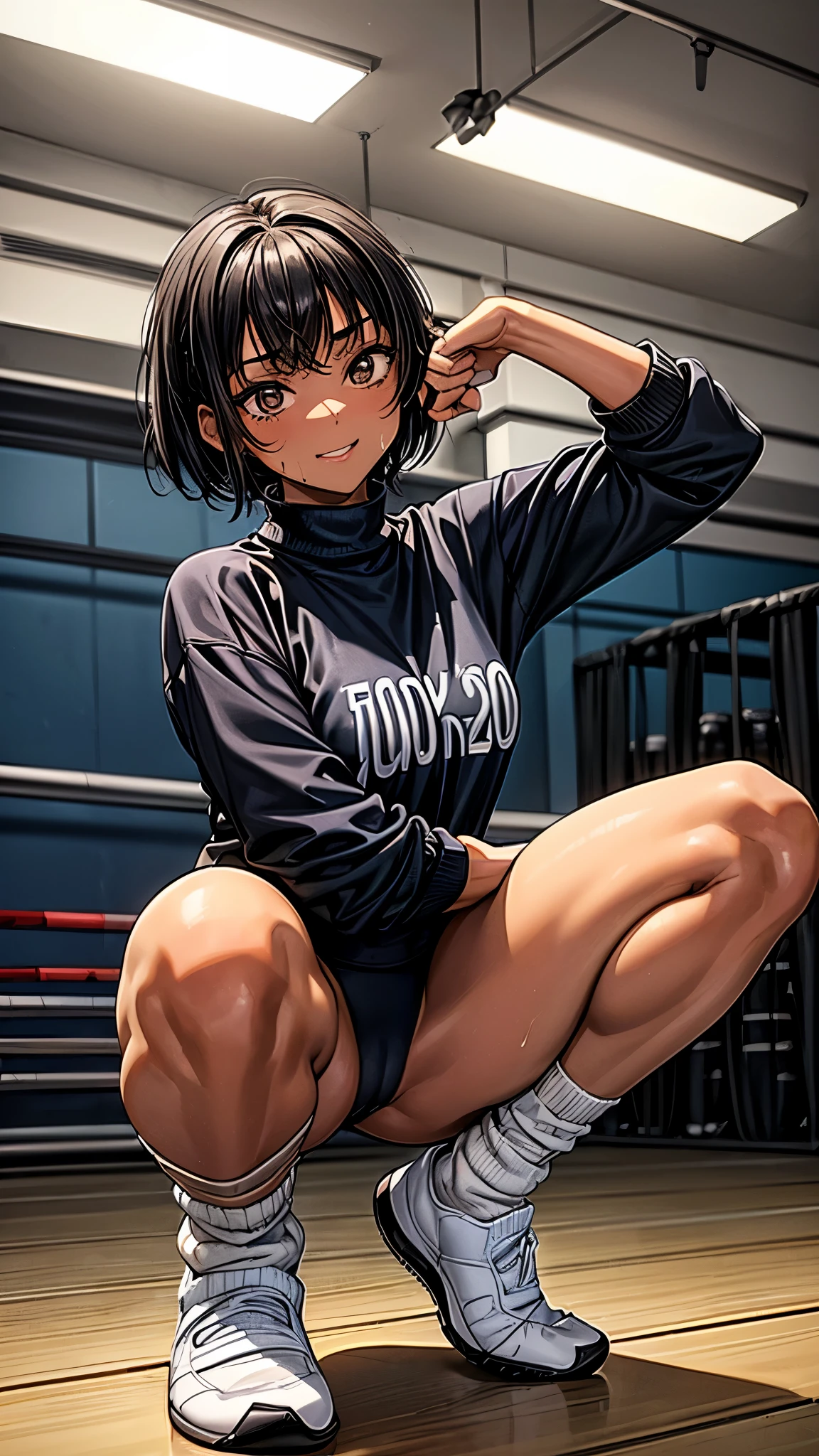((Face focus2.0)),,Inside the sports gym,inside the dance studio,((squatting,extend her left leg)),One girl,sweat,(dark skin color),short black hair,seductive smile,high-neck-leotard,((loose socks2.0)),((loose socks2.0)),sneaker.