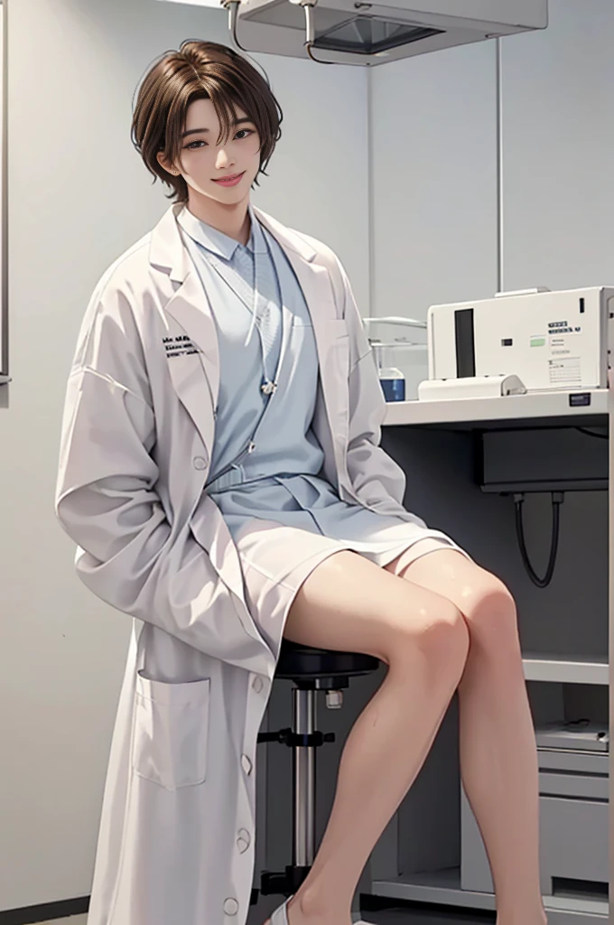 Doctor, 1 man, solo, sitting (Looking at the audience), (white lab coat:1.5), ,Stylish clothes who is an adult /(brown hair/) smile kindly (The best quality masterpiece:1.2) , Delicate illustrations, Special details, (hospital examination room) In the laboratory, detailed background