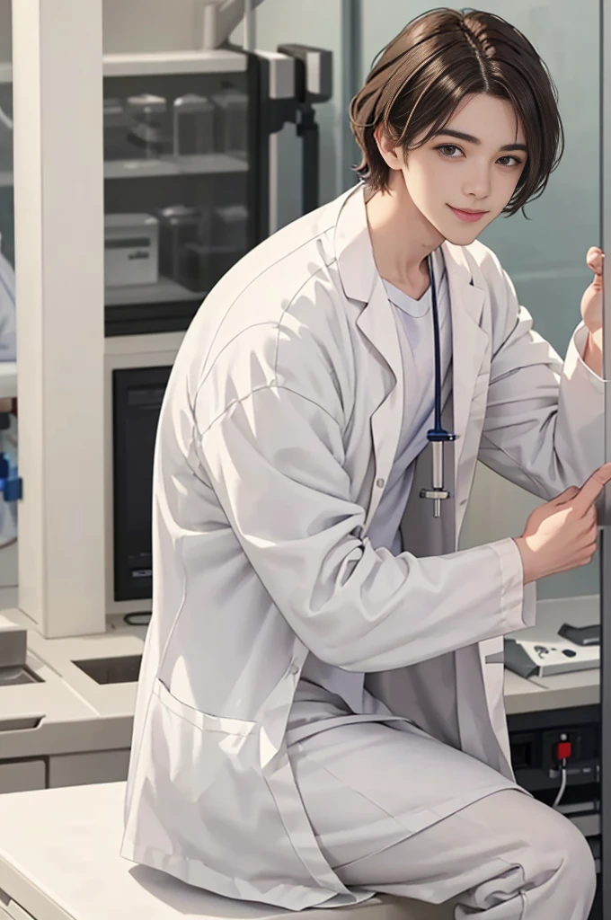 Doctor, 1 man, solo, sitting (Looking at the audience), (white lab coat:1.5), ,Stylish clothes who is an adult /(brown hair/) smile kindly (The best quality masterpiece:1.2) , Delicate illustrations, Special details, (hospital examination room) In the laboratory, detailed background