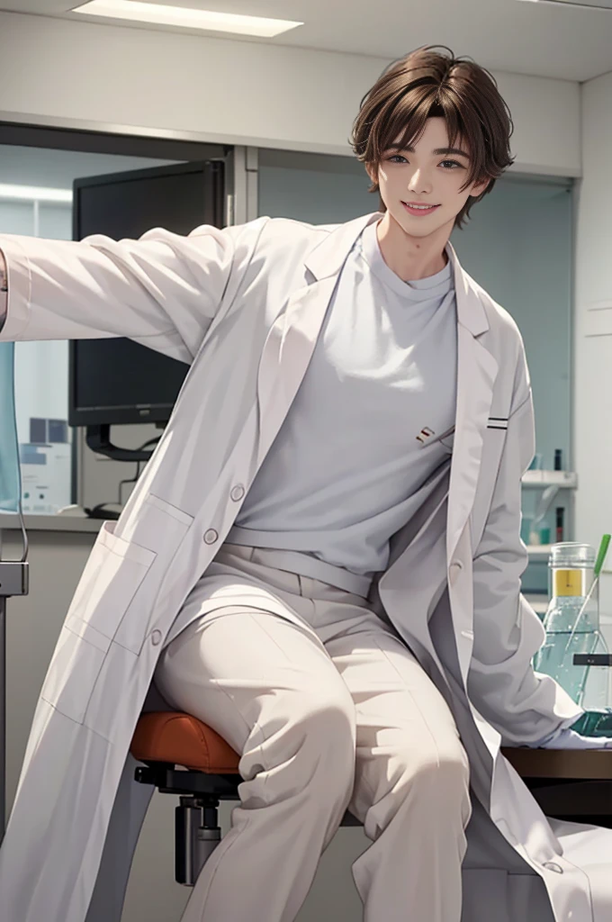Doctor, 1 man, solo, sitting (Looking at the audience), (white lab coat:1.5), ,Stylish clothes who is an adult /(brown hair/) smile kindly (The best quality masterpiece:1.2) , Delicate illustrations, Special details, (hospital examination room) In the laboratory, detailed background