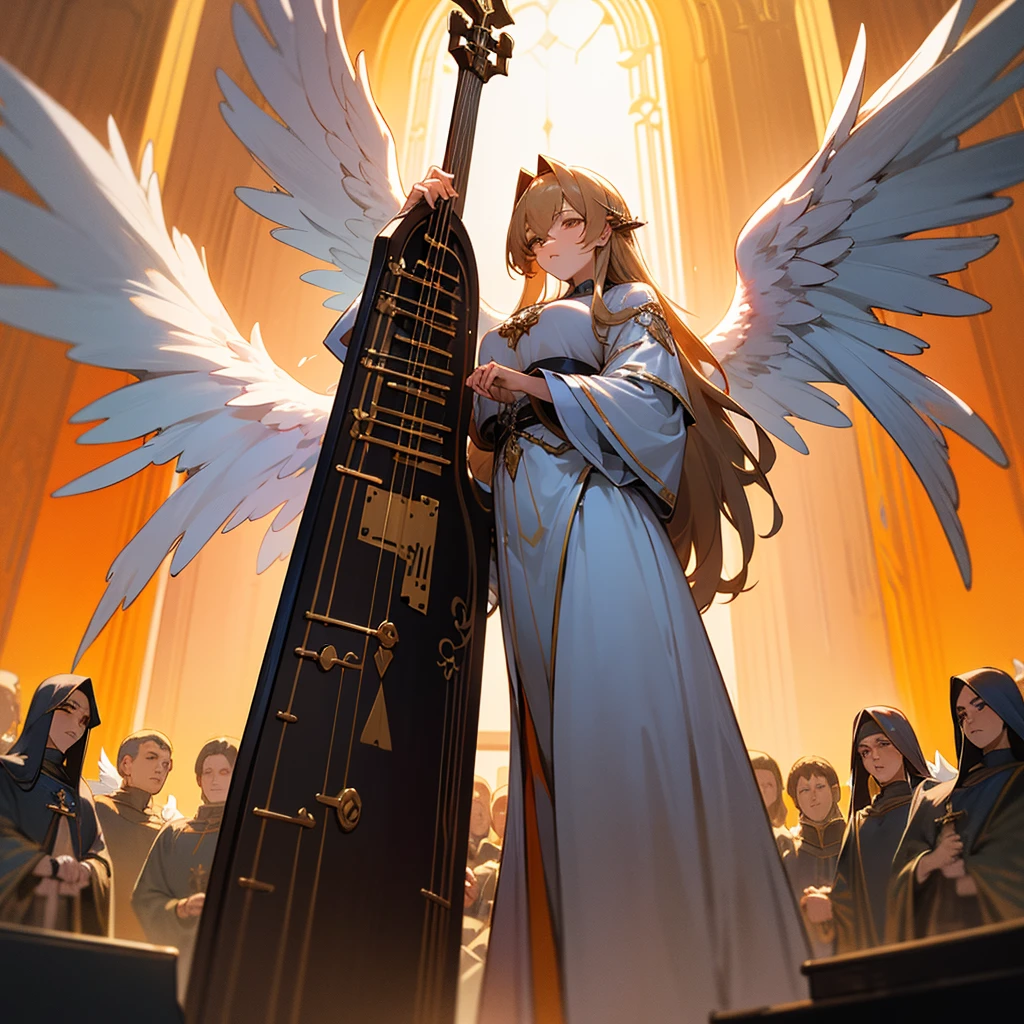 high resolution、The Archangel motif、A dignified, elegant and refined adult woman。Long hair、Large white angel wings、。Orange image。
Standing、Hall々It is said that。
like medieval europe、Fantasy、美Shii、god々Shii。Musical instrument in hand（rap）have