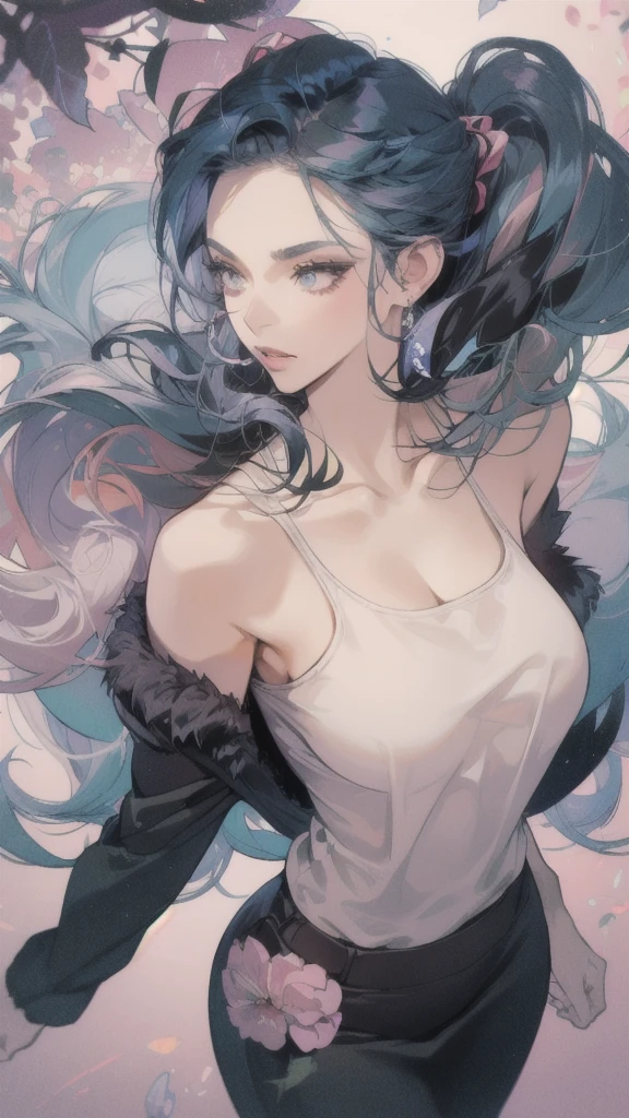Saggy breasts,Mature Woman,Huge breasts, Huge breasts,alone,Improve,((teasing)),eye shadow,lip,Glossy eyelashes,Blue Hair,Black Hair, ((Two-tone hair)),Earrings, Detailed decoration, oh,Half an eye,Embroidered, Plaid, Pencil Long Skirt, Fur jacket, Tank top,ribbon, Off the shoulder, ((expose forehead)), Long Hair, Curly Hair,From an angle, From the side,Dynamic Angle, throw,((From above)) ,(Hand Focus),(((pastel colour))), Wide-angle,date, Walking around the city, bag,